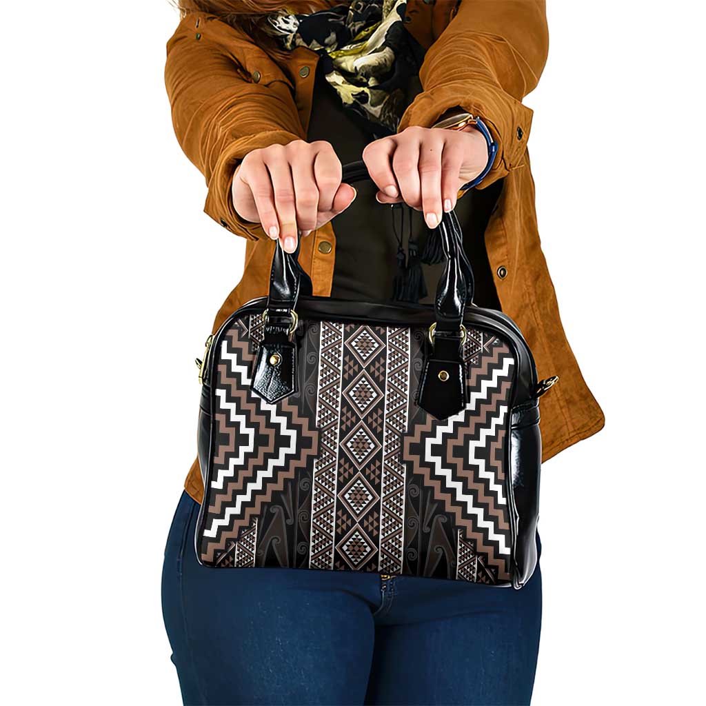 Classic Tukutuku Pattern Aotearoa Shoulder Handbag Niho Taniwha and Puhoro Motifs LT7 One Size Brown - Polynesian Pride