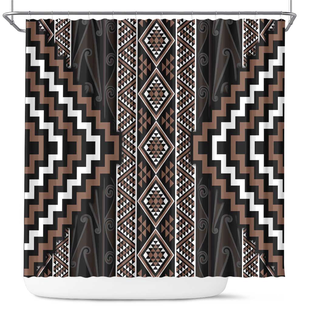 Classic Tukutuku Pattern Aotearoa Shower Curtain Niho Taniwha and Puhoro Motifs LT7 Brown - Polynesian Pride