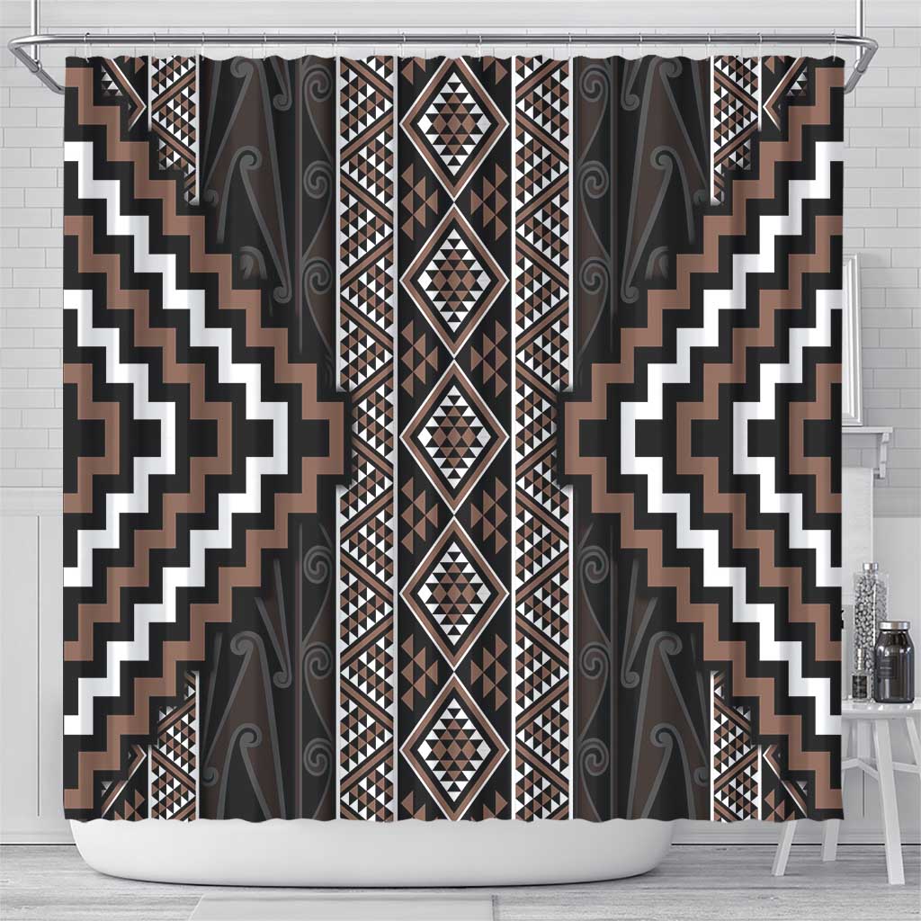 Classic Tukutuku Pattern Aotearoa Shower Curtain Niho Taniwha and Puhoro Motifs