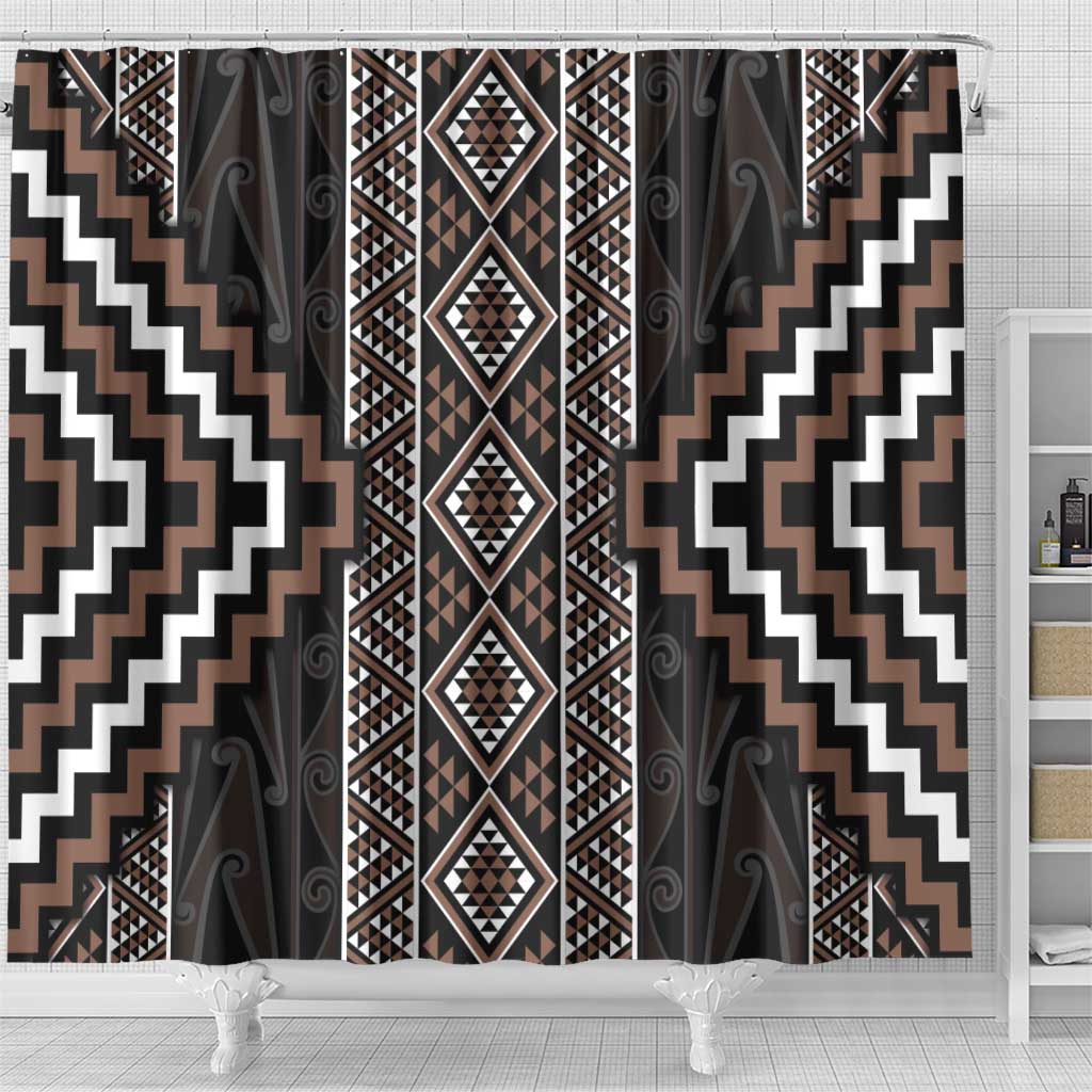 Classic Tukutuku Pattern Aotearoa Shower Curtain Niho Taniwha and Puhoro Motifs