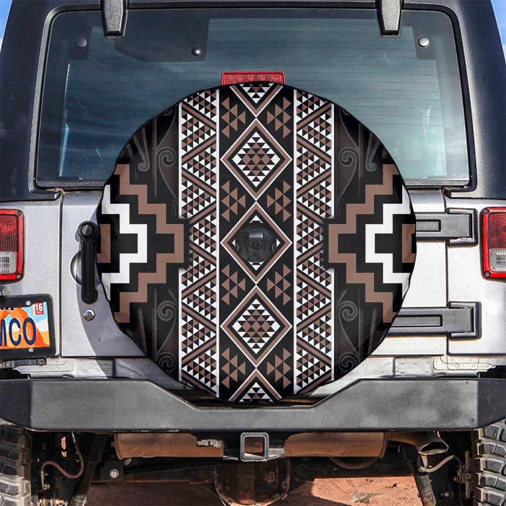 Classic Tukutuku Pattern Aotearoa Spare Tire Cover Niho Taniwha and Puhoro Motifs LT7 Brown - Polynesian Pride