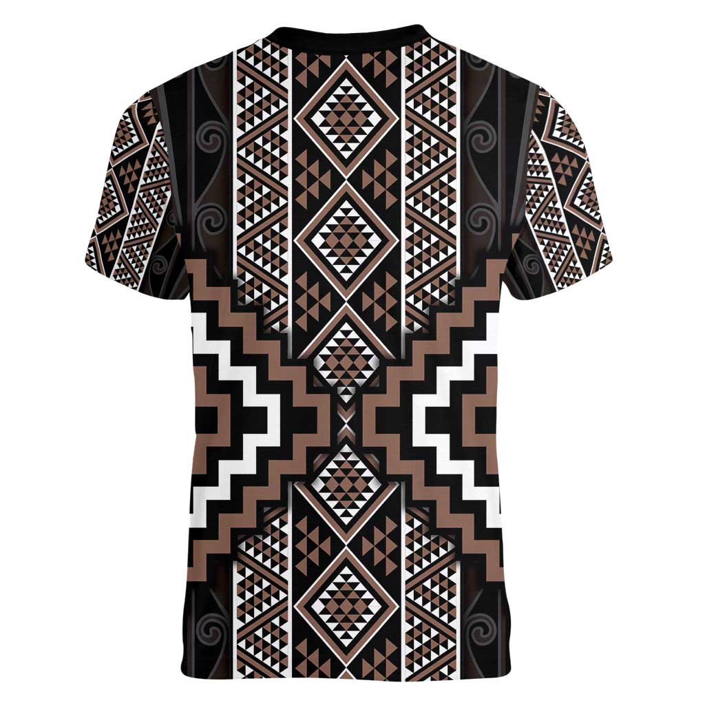 Classic Tukutuku Pattern Aotearoa Women V-Neck T-Shirt Niho Taniwha and Puhoro Motifs