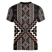 Classic Tukutuku Pattern Aotearoa Women V-Neck T-Shirt Niho Taniwha and Puhoro Motifs