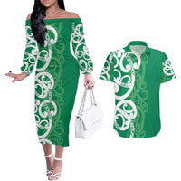 Pounamu Green Maori Couples Matching Off The Shoulder Long Sleeve Dress and Hawaiian Shirt Koru Kowhaiwhai - Polynesian Pride