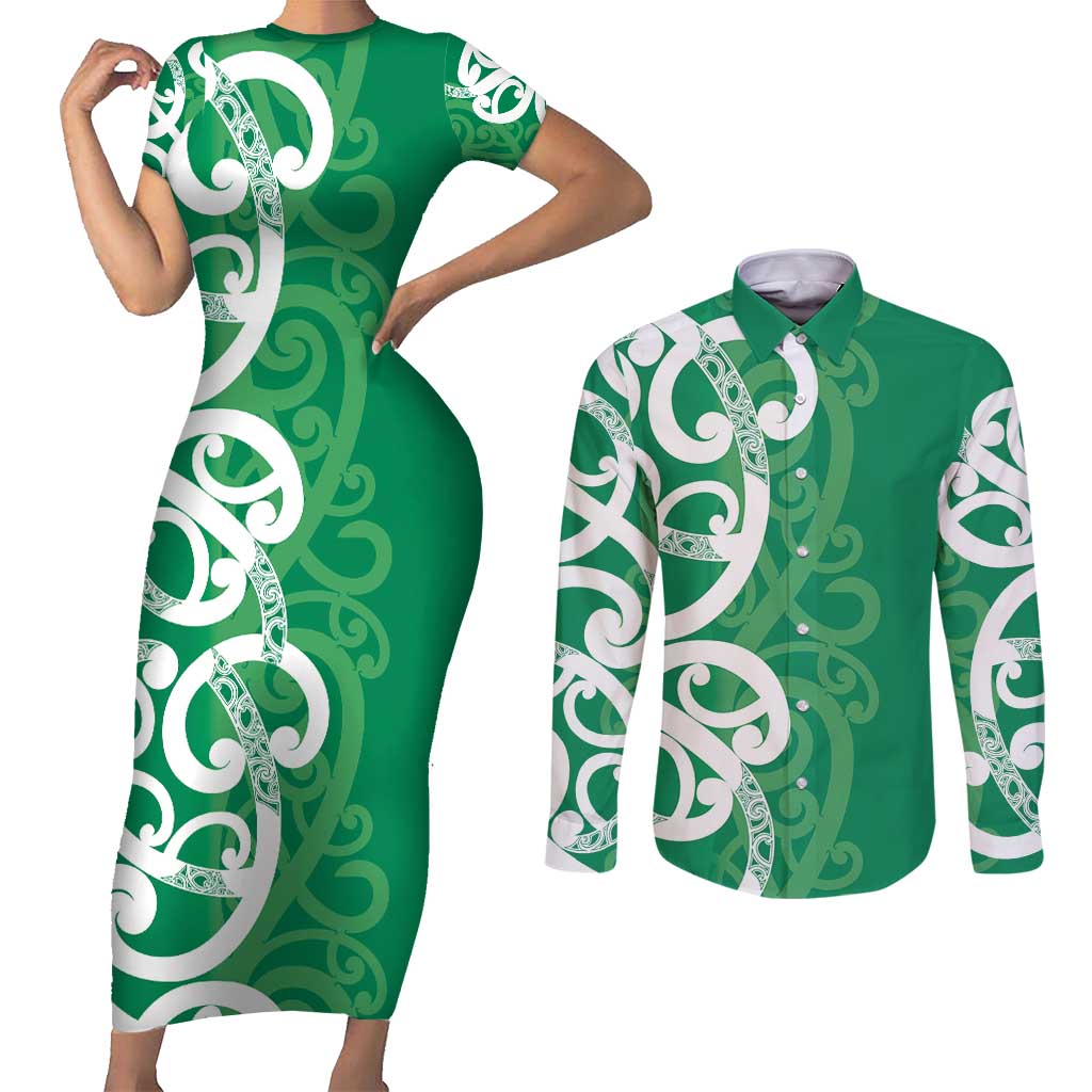 Pounamu Green Maori Couples Matching Short Sleeve Bodycon Dress and Long Sleeve Button Shirt Koru Kowhaiwhai - Polynesian Pride