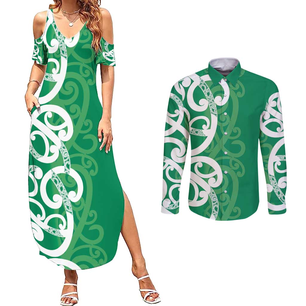 Pounamu Green Maori Couples Matching Summer Maxi Dress and Long Sleeve Button Shirt Koru Kowhaiwhai - Polynesian Pride