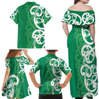 Pounamu Green Maori Family Matching Off Shoulder Maxi Dress and Hawaiian Shirt Koru Kowhaiwhai - Polynesian Pride