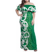 Pounamu Green Maori Family Matching Off Shoulder Maxi Dress and Hawaiian Shirt Koru Kowhaiwhai - Polynesian Pride