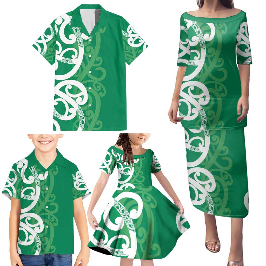 Pounamu Green Maori Family Matching Puletasi and Hawaiian Shirt Koru Kowhaiwhai - Polynesian Pride