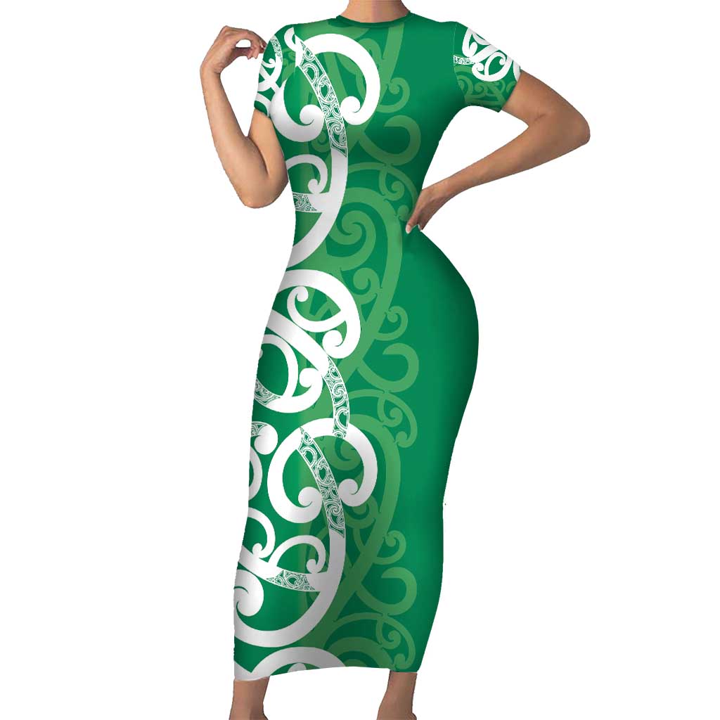 Pounamu Green Maori Family Matching Short Sleeve Bodycon Dress and Hawaiian Shirt Koru Kowhaiwhai - Polynesian Pride