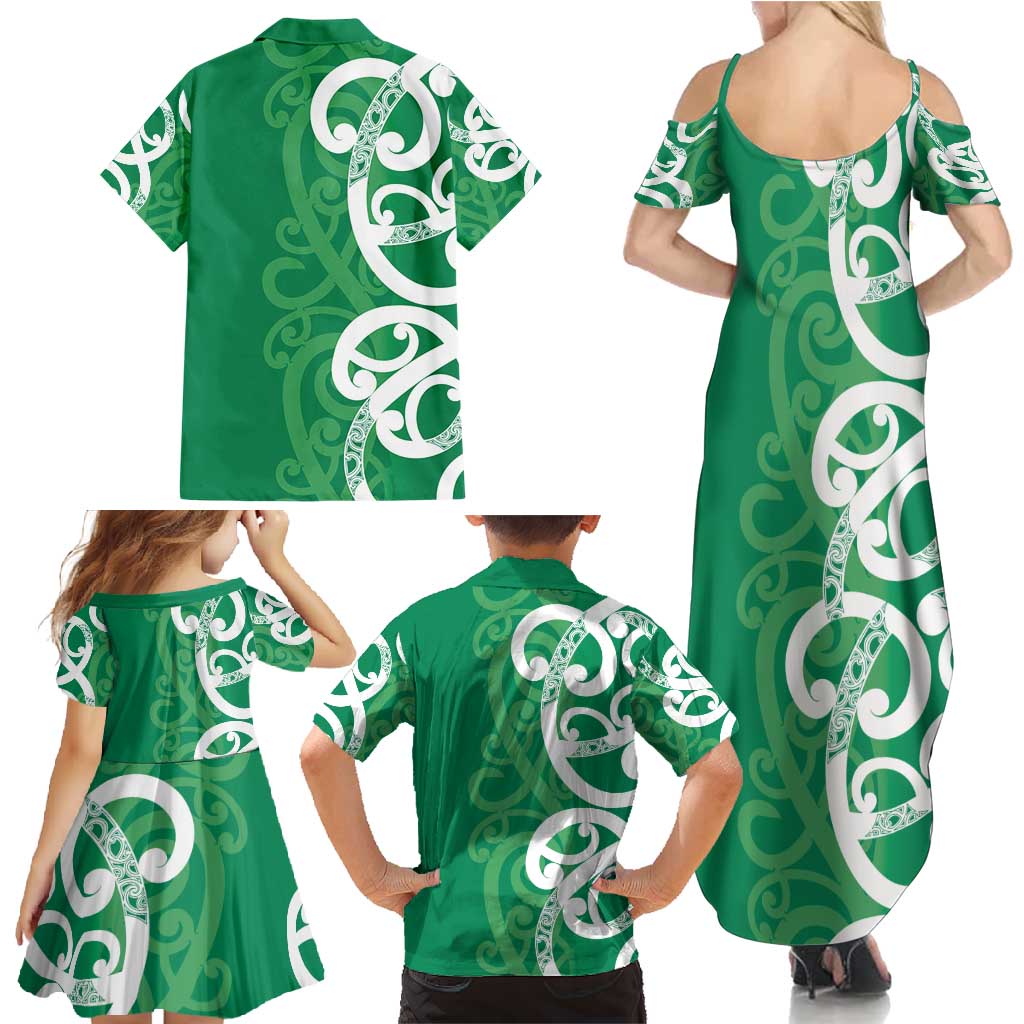 Pounamu Green Maori Family Matching Summer Maxi Dress and Hawaiian Shirt Koru Kowhaiwhai - Polynesian Pride