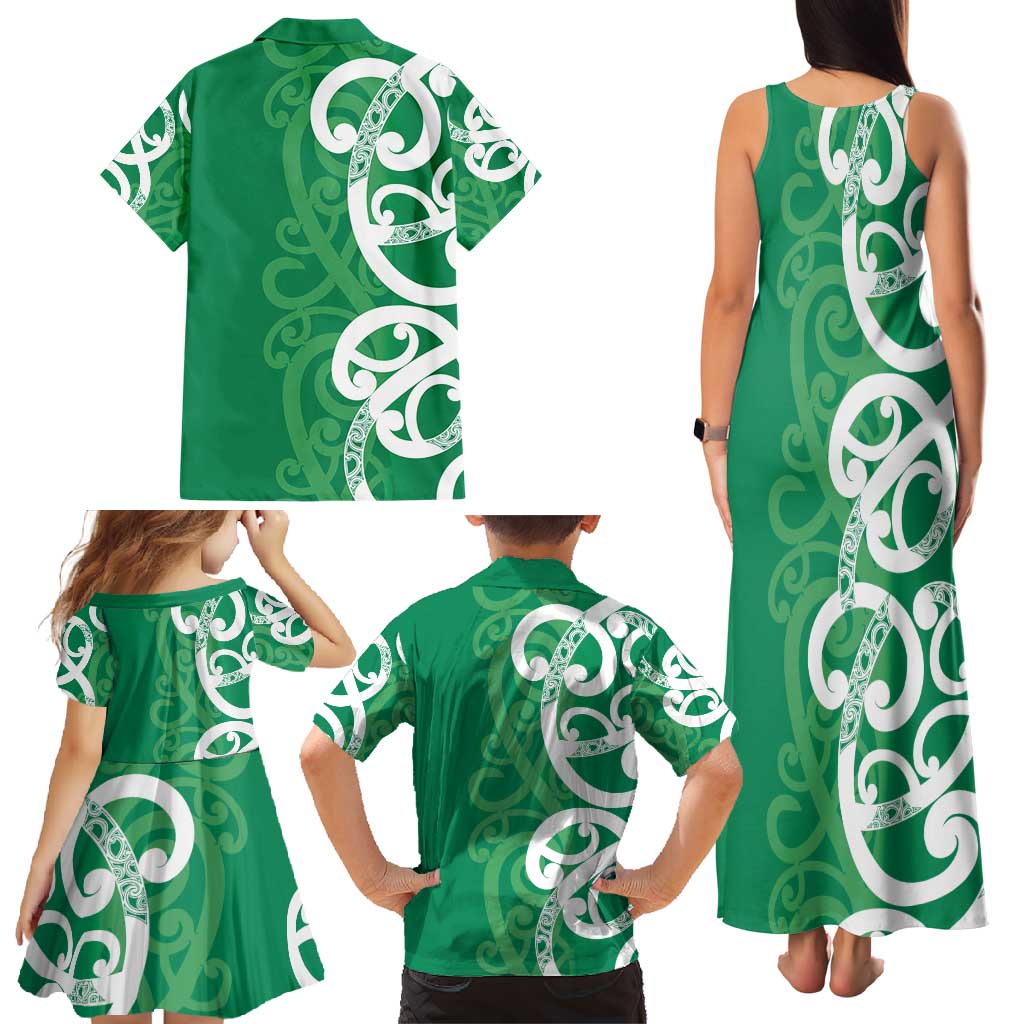 Pounamu Green Maori Family Matching Tank Maxi Dress and Hawaiian Shirt Koru Kowhaiwhai - Polynesian Pride