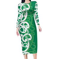 Pounamu Green Maori Long Sleeve Bodycon Dress Koru Kowhaiwhai - Polynesian Pride
