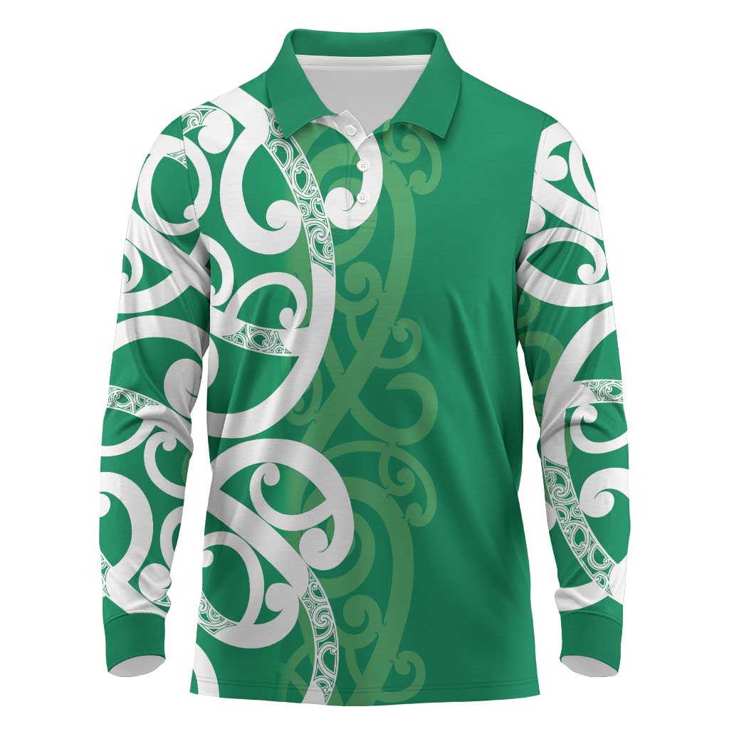 Pounamu Green Maori Long Sleeve Polo Shirt Koru Kowhaiwhai LT7 Green - Polynesian Pride