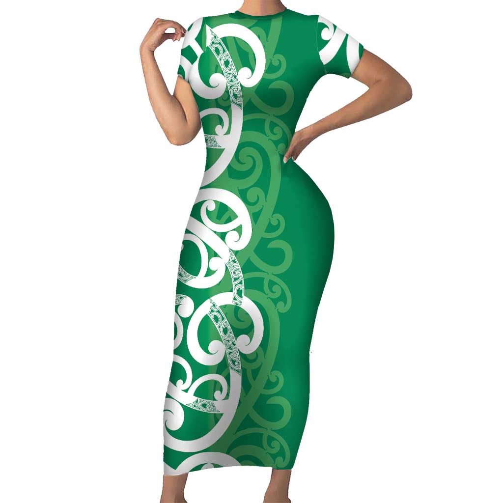 Pounamu Green Maori Short Sleeve Bodycon Dress Koru Kowhaiwhai LT7 Long Dress Green - Polynesian Pride