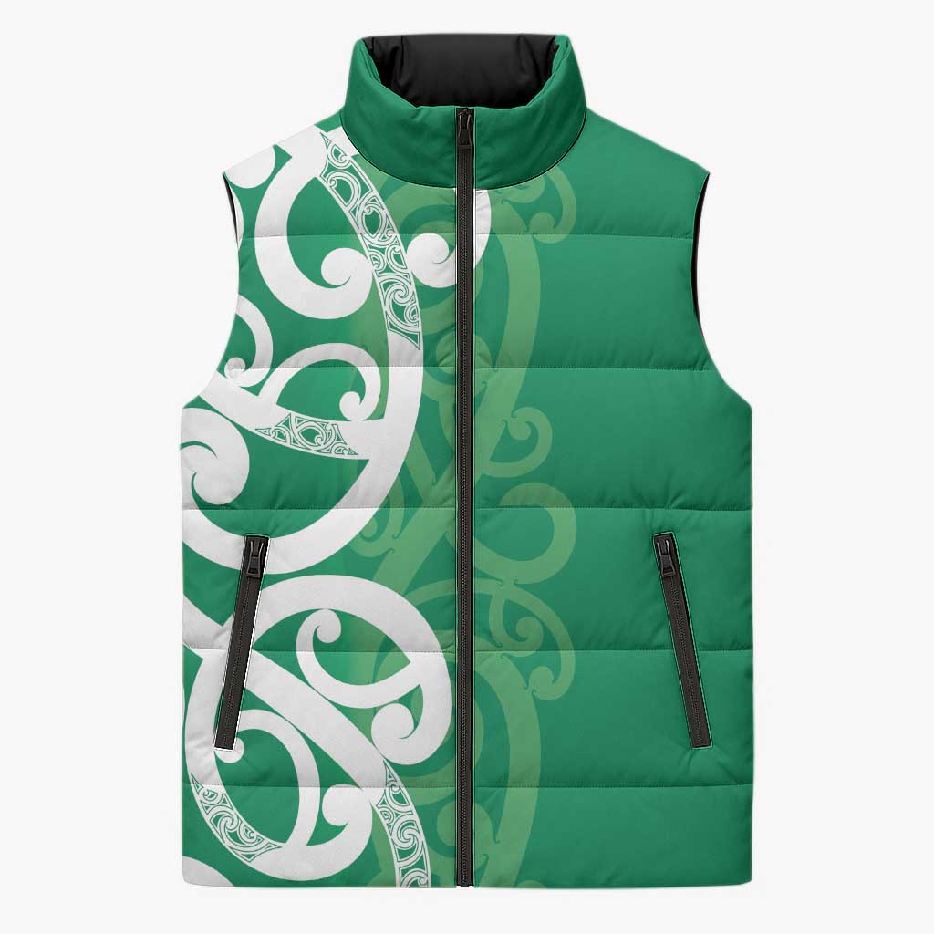 Pounamu Green Maori Sleeveless Puffer Jacket Koru Kowhaiwhai - Polynesian Pride