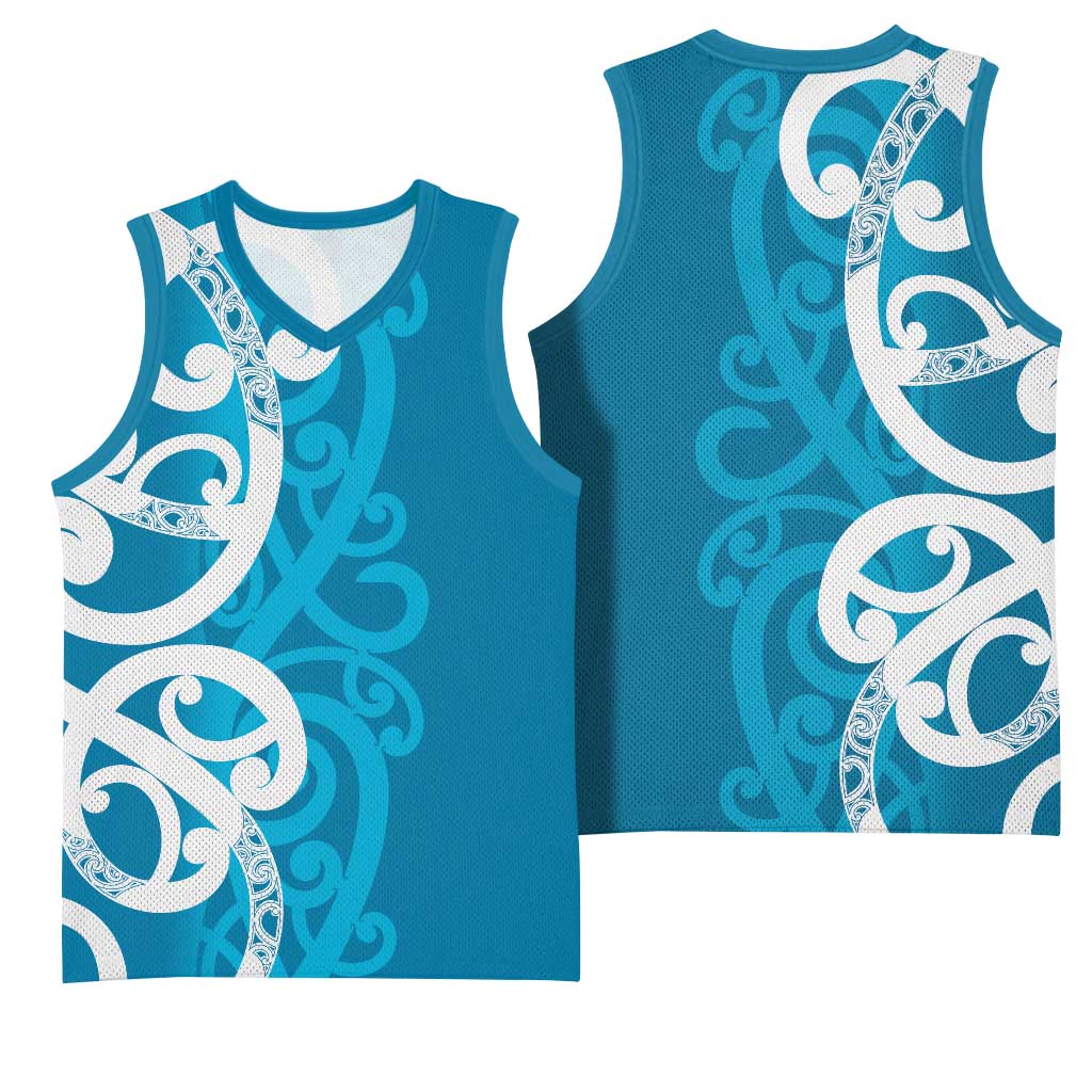 Azure Blue Maori Basketball Jersey Koru Kowhaiwhai LT7 - Polynesian Pride