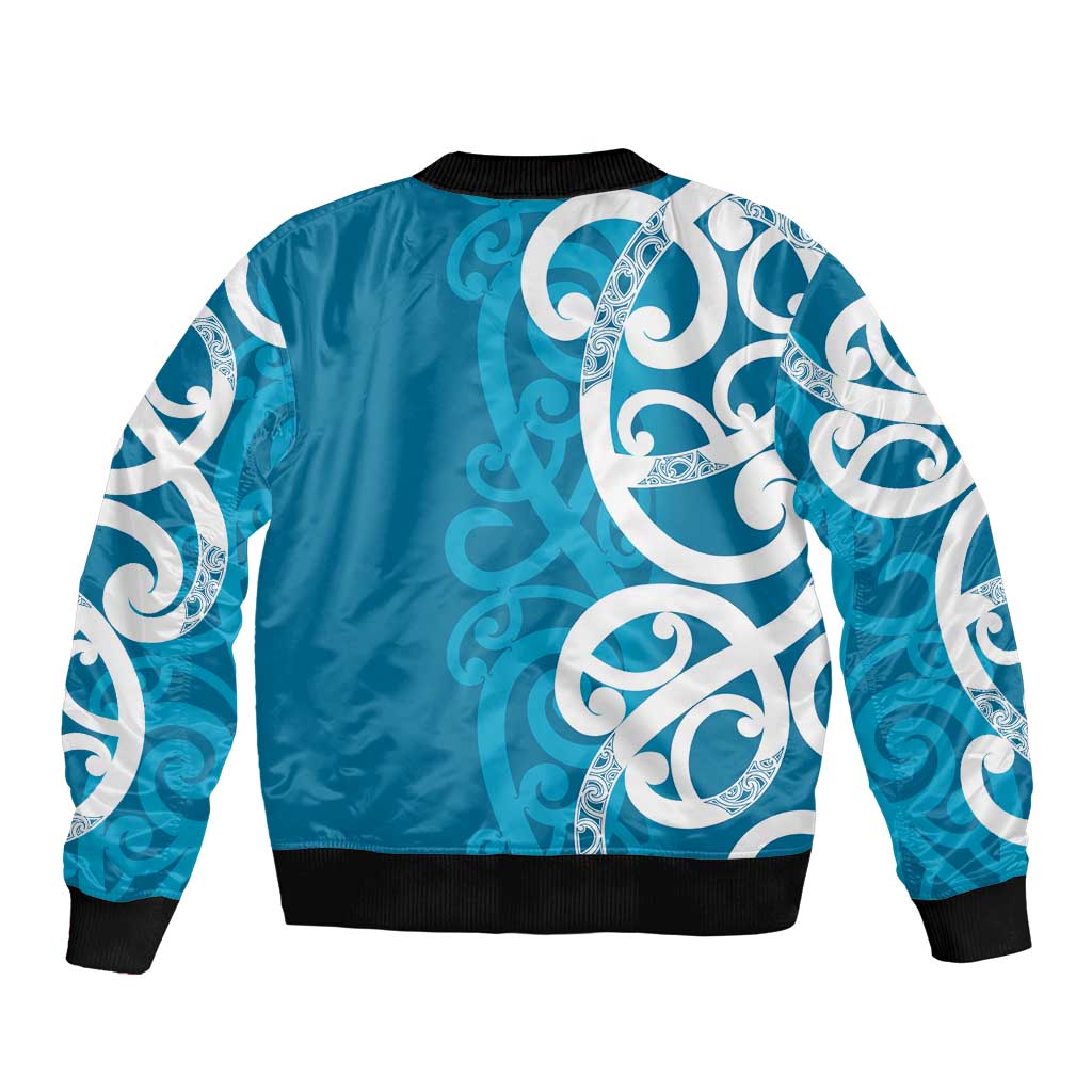 Azure Blue Maori Bomber Jacket Koru Kowhaiwhai LT7 - Polynesian Pride
