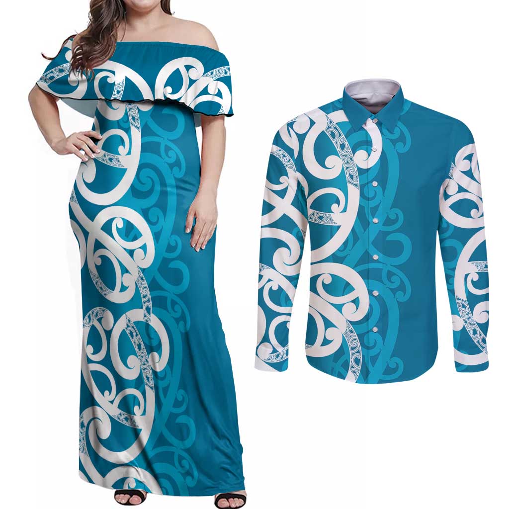 Azure Blue Maori Couples Matching Off Shoulder Maxi Dress and Long Sleeve Button Shirt Koru Kowhaiwhai - Polynesian Pride