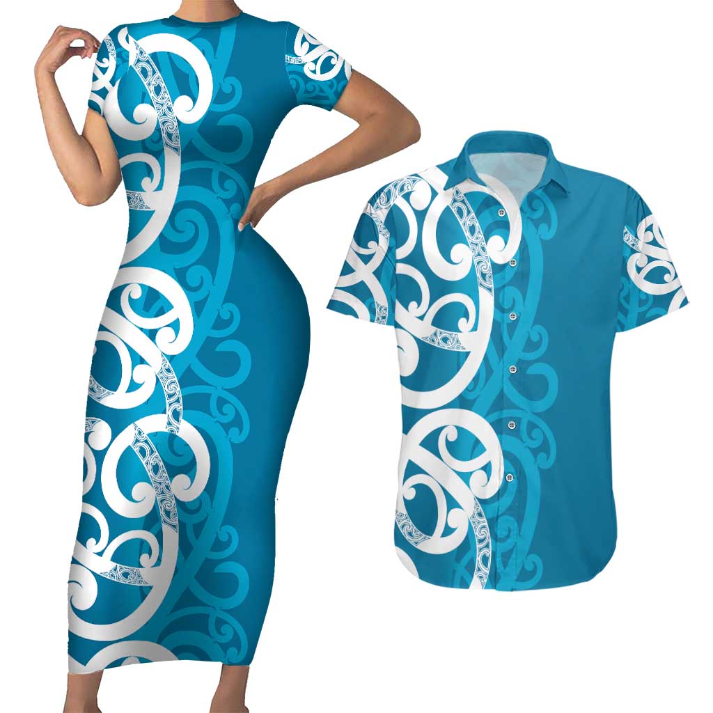 Azure Blue Maori Couples Matching Short Sleeve Bodycon Dress and Hawaiian Shirt Koru Kowhaiwhai - Polynesian Pride