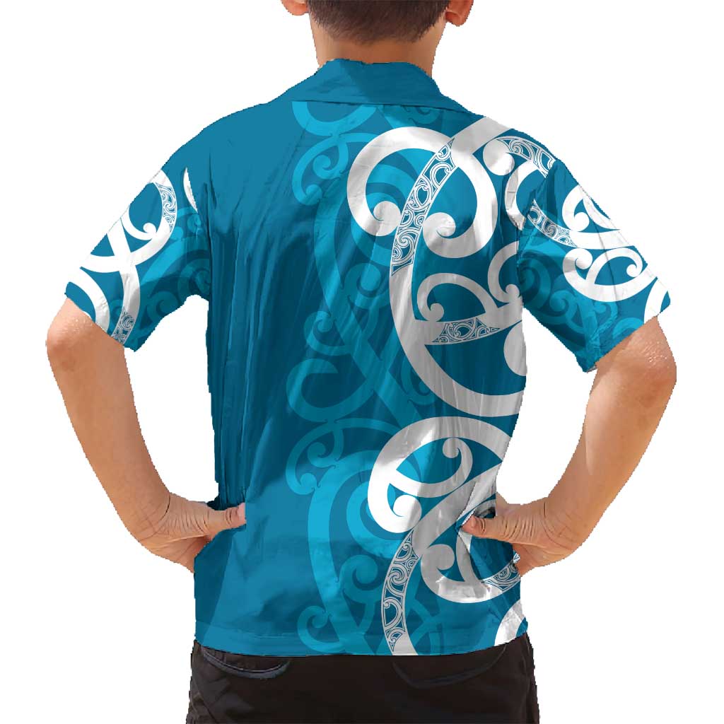 Azure Blue Maori Family Matching Long Sleeve Bodycon Dress and Hawaiian Shirt Koru Kowhaiwhai - Polynesian Pride