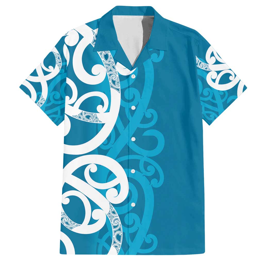 Azure Blue Maori Family Matching Long Sleeve Bodycon Dress and Hawaiian Shirt Koru Kowhaiwhai - Polynesian Pride