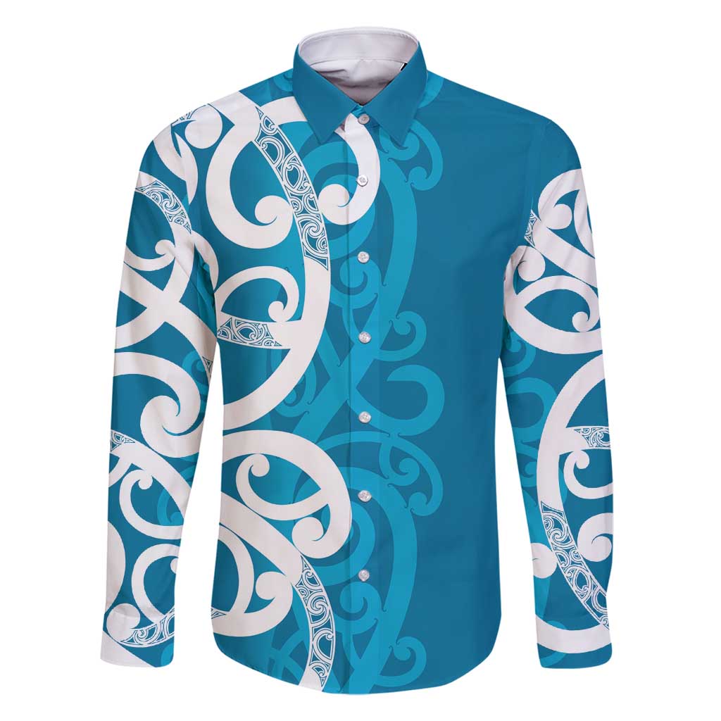 Azure Blue Maori Family Matching Long Sleeve Bodycon Dress and Hawaiian Shirt Koru Kowhaiwhai - Polynesian Pride