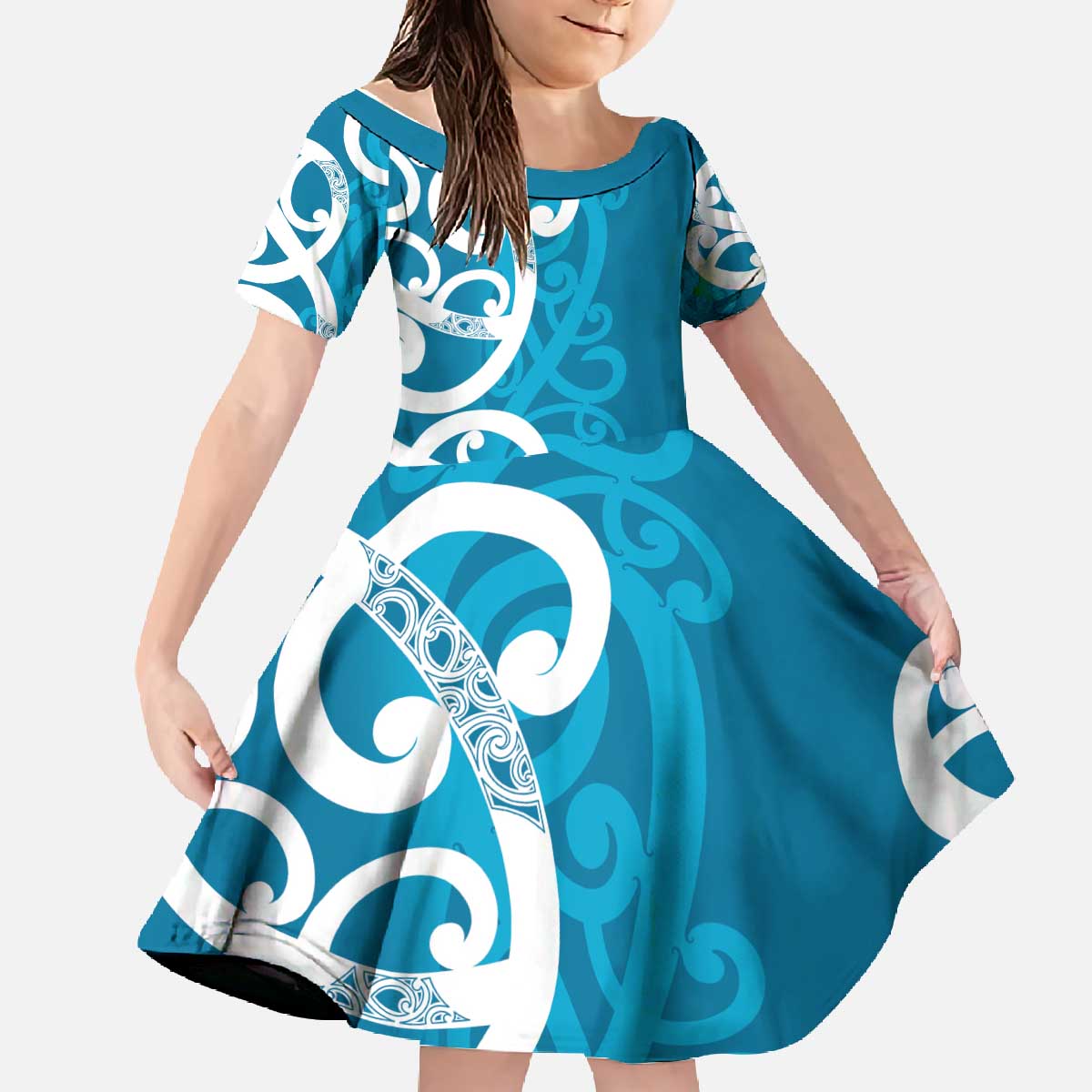 Azure Blue Maori Family Matching Off The Shoulder Long Sleeve Dress and Hawaiian Shirt Koru Kowhaiwhai LT7 Daughter's Dress Blue - Polynesian Pride