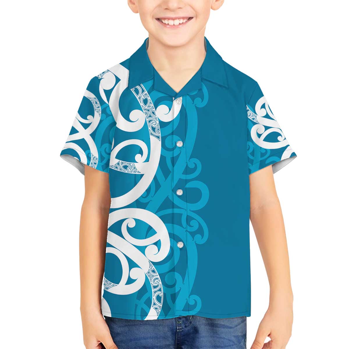 Azure Blue Maori Family Matching Off The Shoulder Long Sleeve Dress and Hawaiian Shirt Koru Kowhaiwhai LT7 Son's Shirt Blue - Polynesian Pride