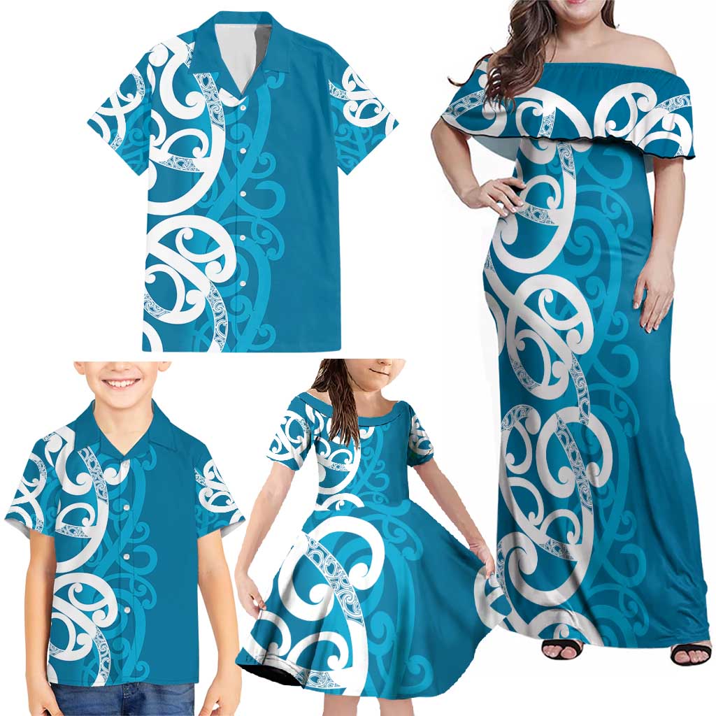 Azure Blue Maori Family Matching Off Shoulder Maxi Dress and Hawaiian Shirt Koru Kowhaiwhai - Polynesian Pride