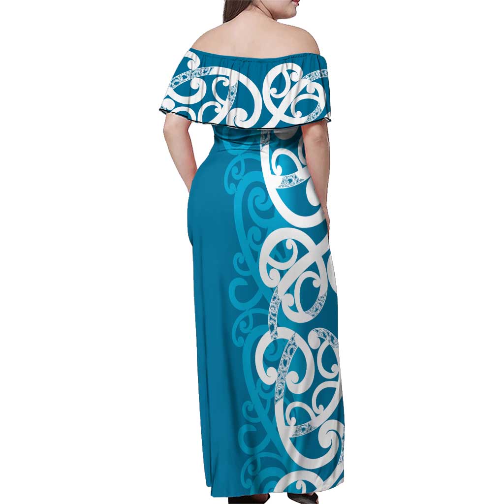 Azure Blue Maori Family Matching Off Shoulder Maxi Dress and Hawaiian Shirt Koru Kowhaiwhai - Polynesian Pride