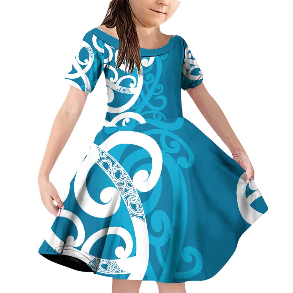 Azure Blue Maori Family Matching Off Shoulder Short Dress and Hawaiian Shirt Koru Kowhaiwhai - Polynesian Pride