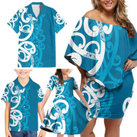 Azure Blue Maori Family Matching Off Shoulder Short Dress and Hawaiian Shirt Koru Kowhaiwhai - Polynesian Pride