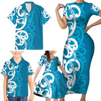 Azure Blue Maori Family Matching Short Sleeve Bodycon Dress and Hawaiian Shirt Koru Kowhaiwhai - Polynesian Pride