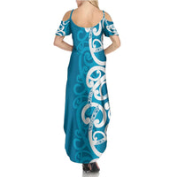Azure Blue Maori Family Matching Summer Maxi Dress and Hawaiian Shirt Koru Kowhaiwhai - Polynesian Pride