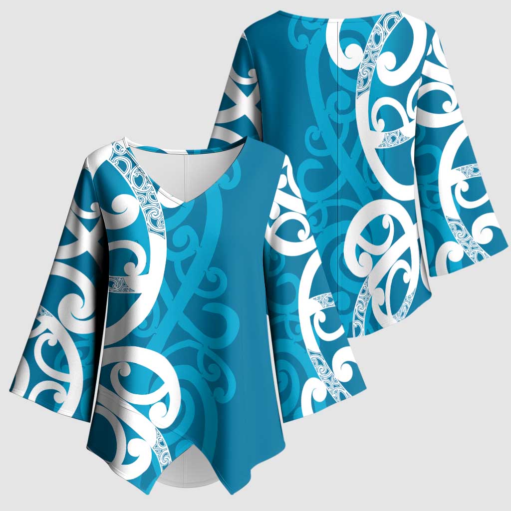 Azure Blue Maori Kimono Sleeve Blouse Koru Kowhaiwhai LT7 - Polynesian Pride