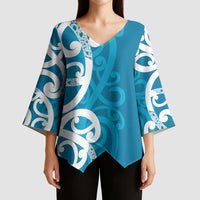 Azure Blue Maori Kimono Sleeve Blouse Koru Kowhaiwhai LT7 - Polynesian Pride