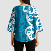 Azure Blue Maori Kimono Sleeve Blouse Koru Kowhaiwhai LT7 - Polynesian Pride