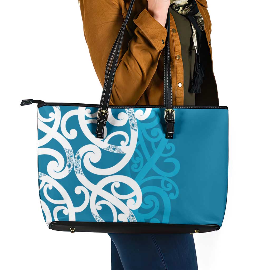 Azure Blue Maori Leather Tote Bag Koru Kowhaiwhai - Polynesian Pride