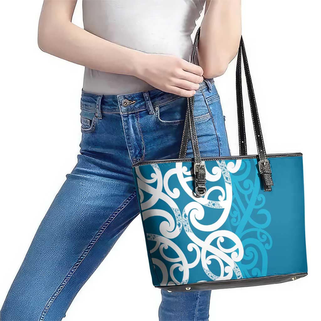 Azure Blue Maori Leather Tote Bag Koru Kowhaiwhai - Polynesian Pride