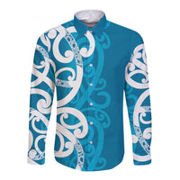 Azure Blue Maori Long Sleeve Button Shirt Koru Kowhaiwhai - Polynesian Pride