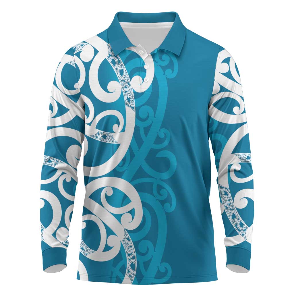 Azure Blue Maori Long Sleeve Polo Shirt Koru Kowhaiwhai - Polynesian Pride
