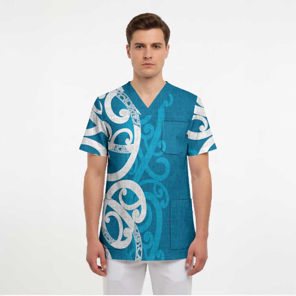 Azure Blue Maori Scrub Top Koru Kowhaiwhai - Polynesian Pride