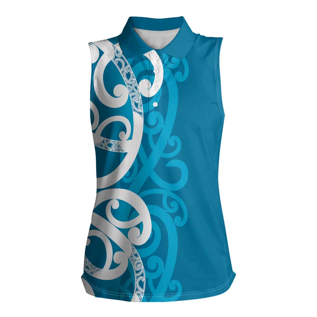 Azure Blue Maori Women Sleeveless Polo Shirt Koru Kowhaiwhai - Polynesian Pride