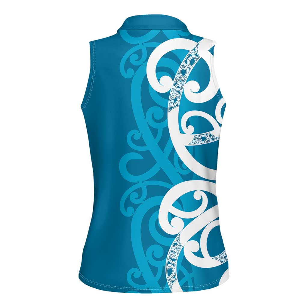 Azure Blue Maori Women Sleeveless Polo Shirt Koru Kowhaiwhai - Polynesian Pride