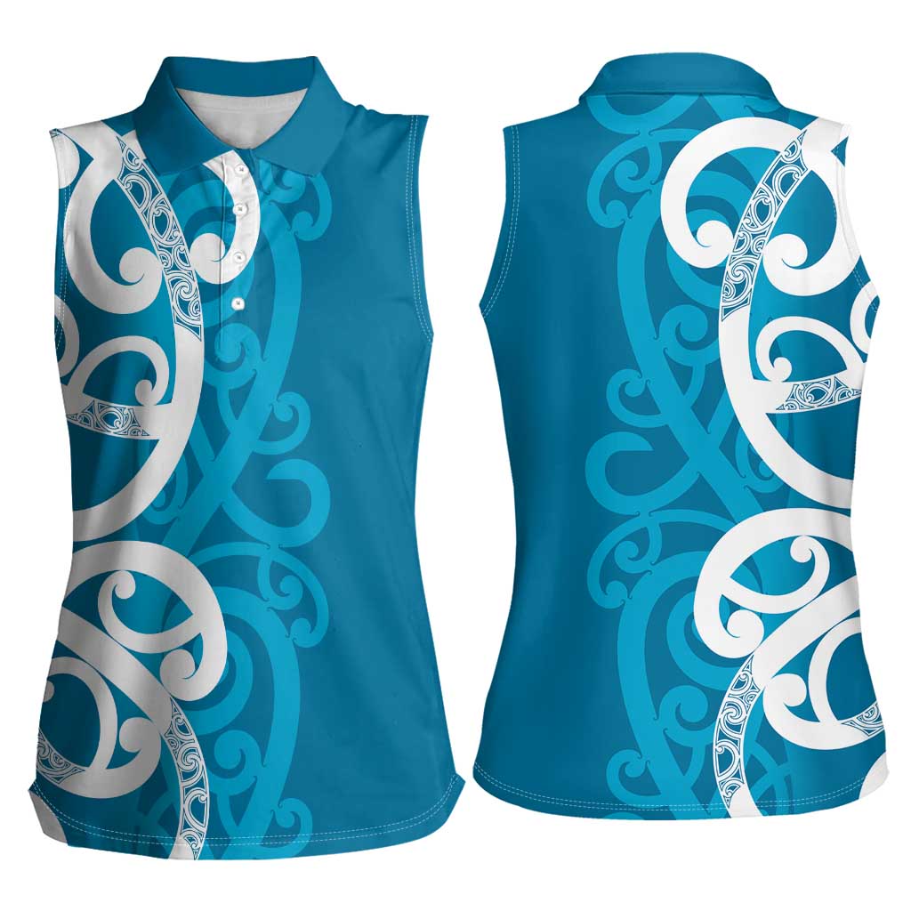 Azure Blue Maori Women Sleeveless Polo Shirt Koru Kowhaiwhai - Polynesian Pride
