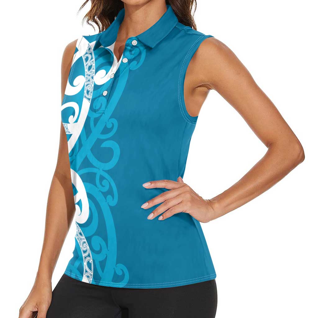 Azure Blue Maori Women Sleeveless Polo Shirt Koru Kowhaiwhai - Polynesian Pride