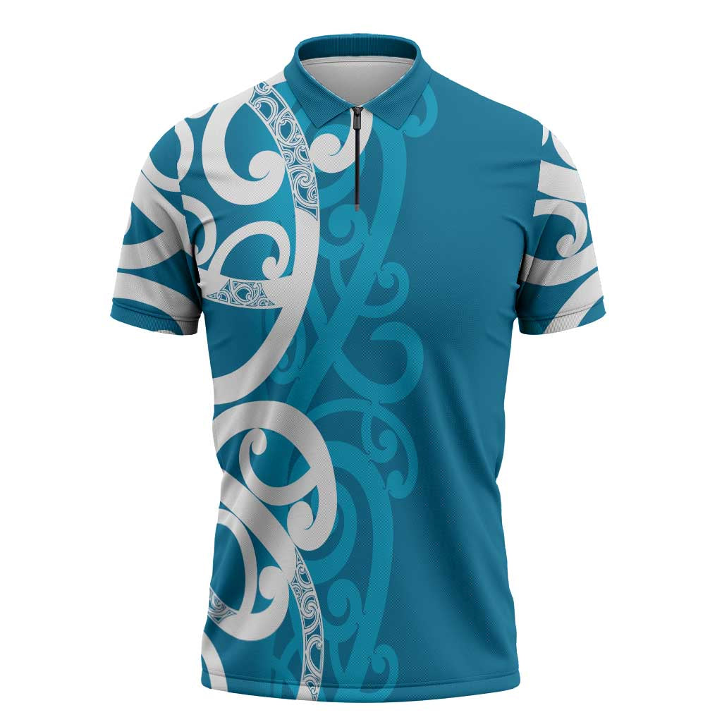 Azure Blue Maori Zipper Polo Shirt Koru Kowhaiwhai - Polynesian Pride