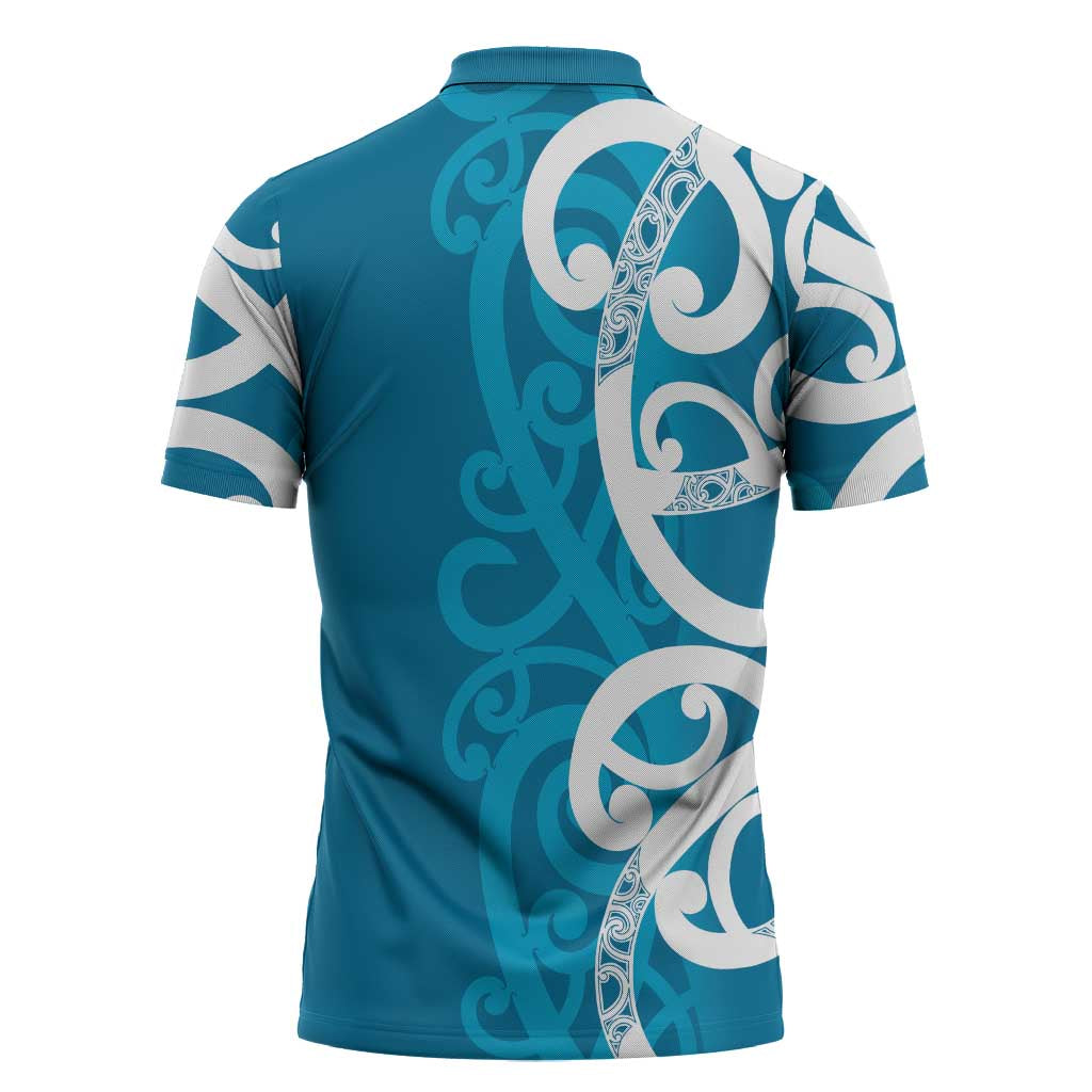 Azure Blue Maori Zipper Polo Shirt Koru Kowhaiwhai - Polynesian Pride