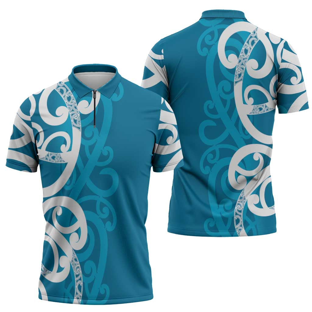 Azure Blue Maori Zipper Polo Shirt Koru Kowhaiwhai - Polynesian Pride